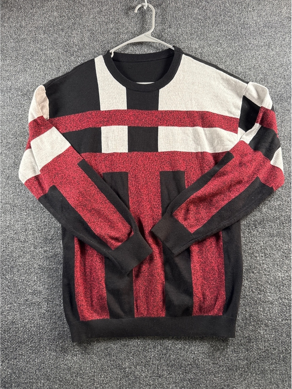 Mens M Red Black White Color Block Sweater Geometric Crewneck Knit Pullover